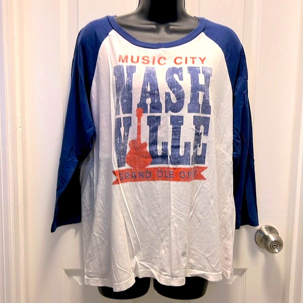 SPORTIQE 🎸 DISTRESSED WHITE/BLUE COTTON NASHVILLE BASEBALL TSHIRT Women XXL 2X - Picture 3 of 12
